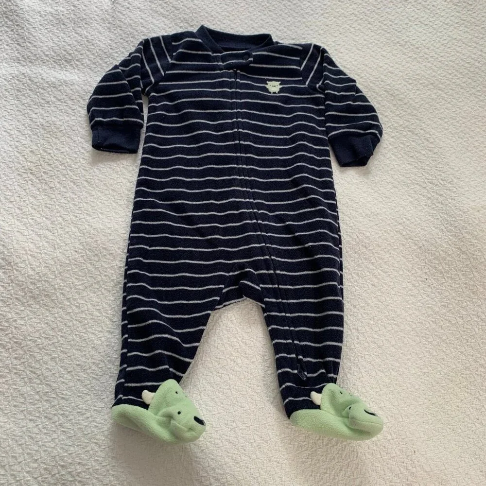 5/$25‎ Carters Baby Boy 3M Navy Striped Monster Fleece Footed Sleeper Pajamas